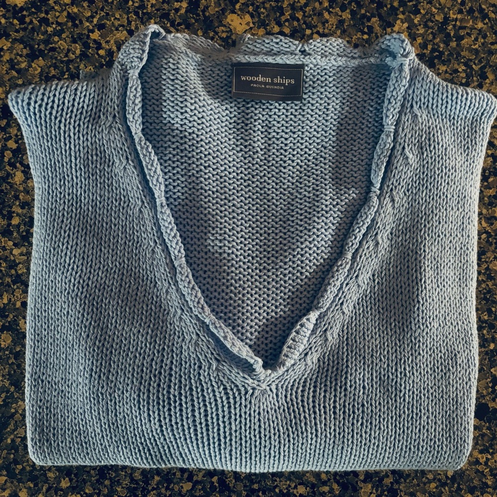 Wooden Ships Scalloped V Sweater, Beach Sky Blue - Size M/L
